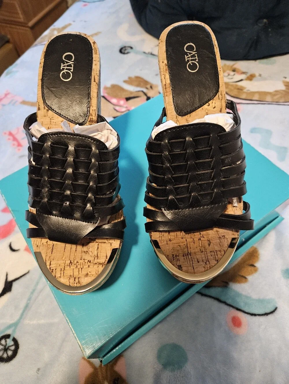 BRAND NEW ** Cato Black Woven Leather Cork Wedge Sandals